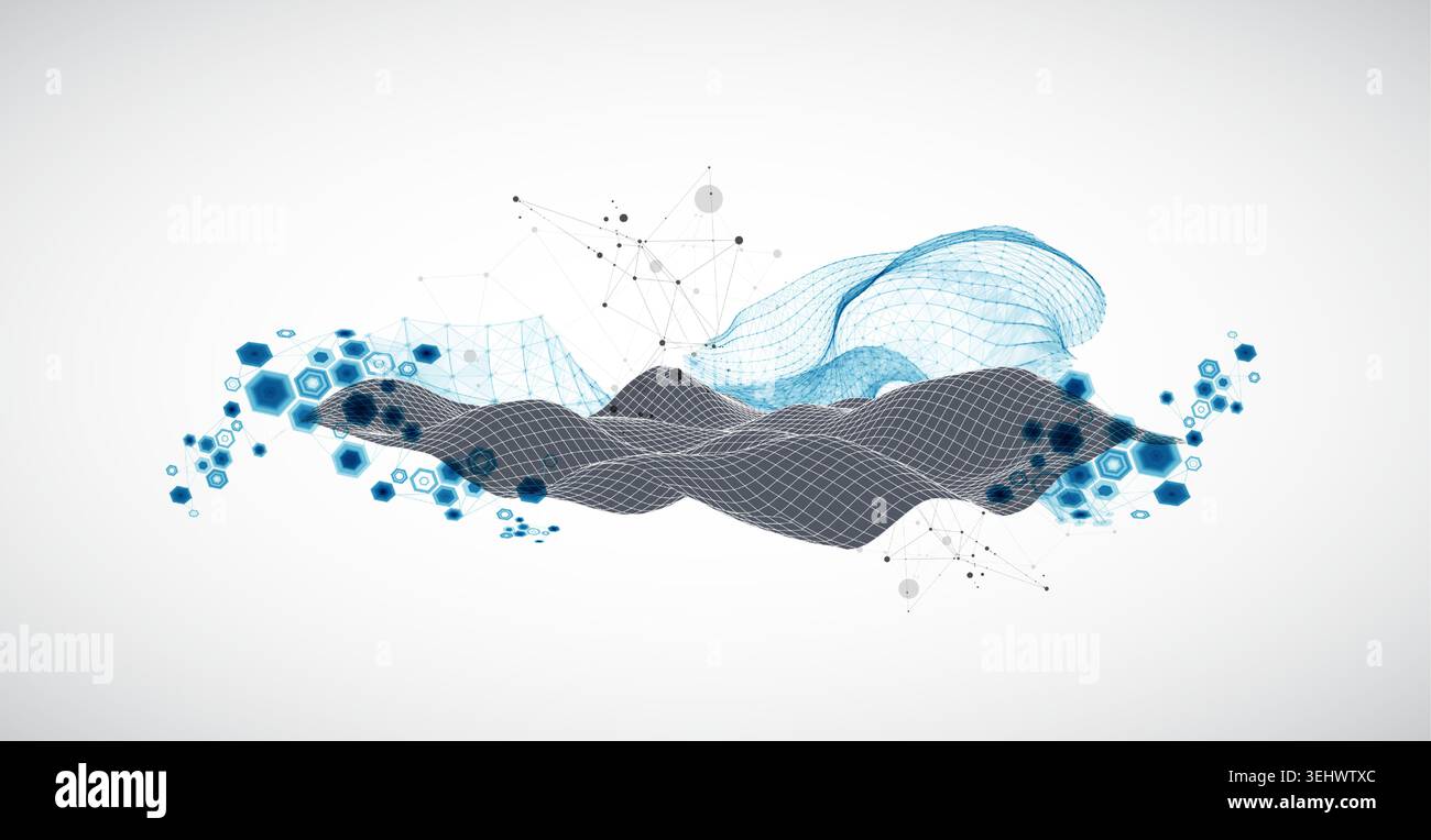 Grid geometric landscape with plexus particles and hexagonal elements. Vector template for tech banner or science presentation. Stock Vector