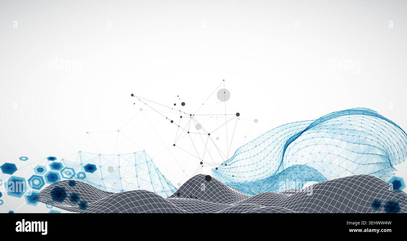 Grid geometric landscape with plexus particles and hexagonal elements. Vector template for tech banner or science presentation. Stock Vector