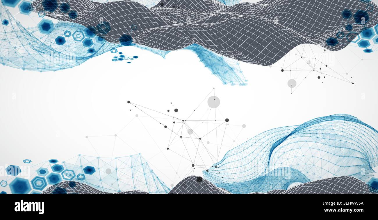 Grid geometric landscape with plexus particles and hexagonal elements. Vector template for tech banner or science presentation. Stock Vector