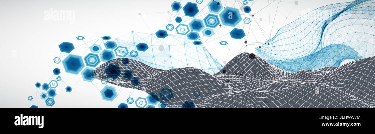 Grid geometric landscape with plexus particles and hexagonal elements. Vector template for tech banner or science presentation. Stock Vector