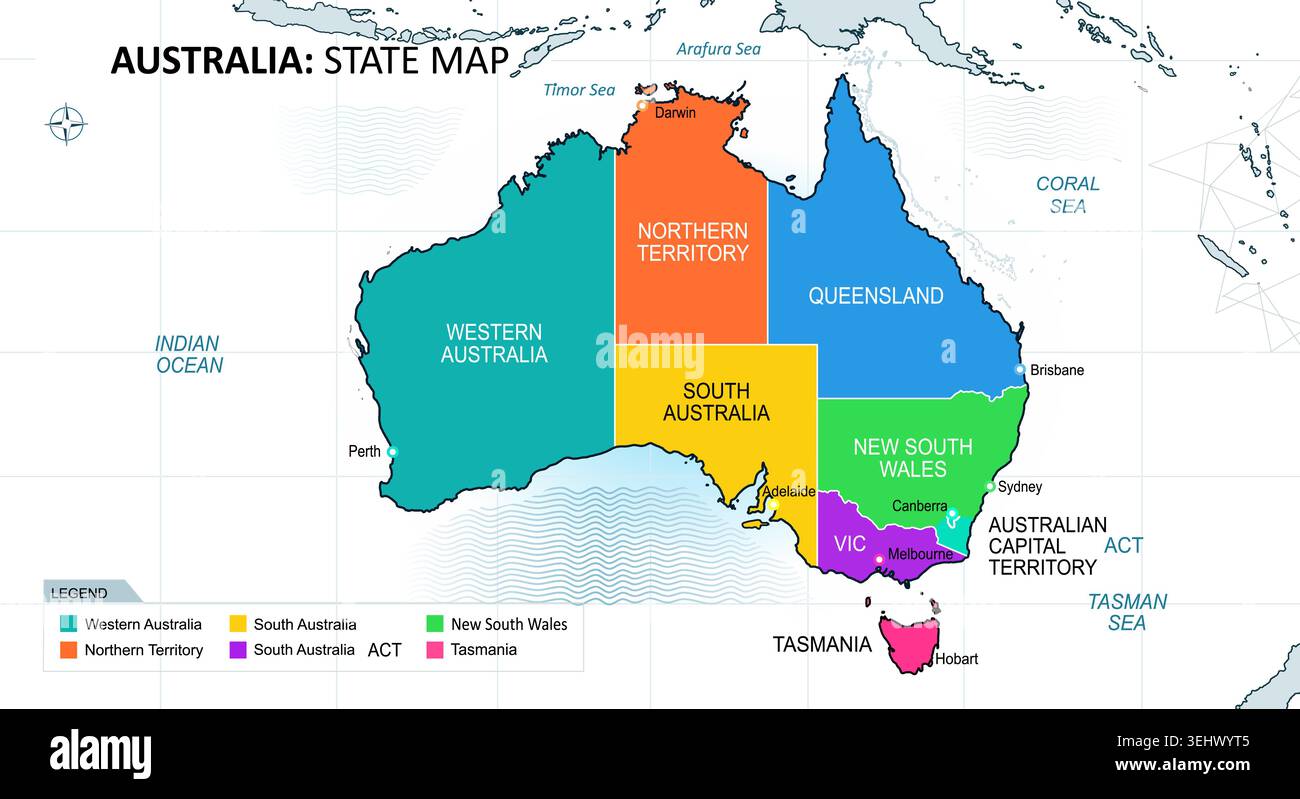 Colorful political vector map of Australia showing its states and ...