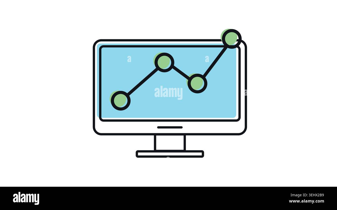 Desktop computer node chart analytics icon: PC workstation displaying line graph and connection nodes on screen, modern black line art with offset col Stock Vector