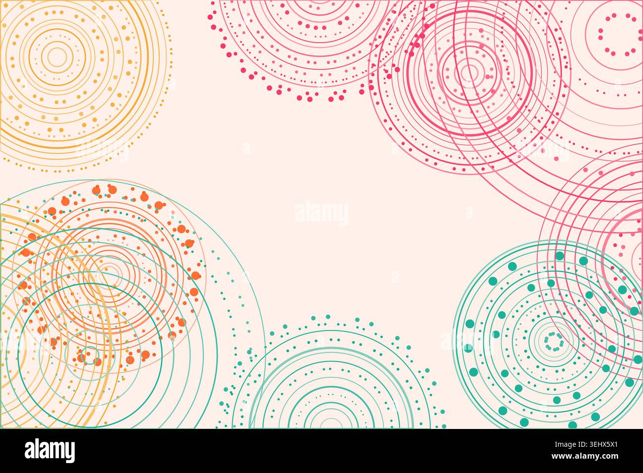 Abstract background made from overlapping concentric circle groups with subtle flattened transparency colors Stock Vector