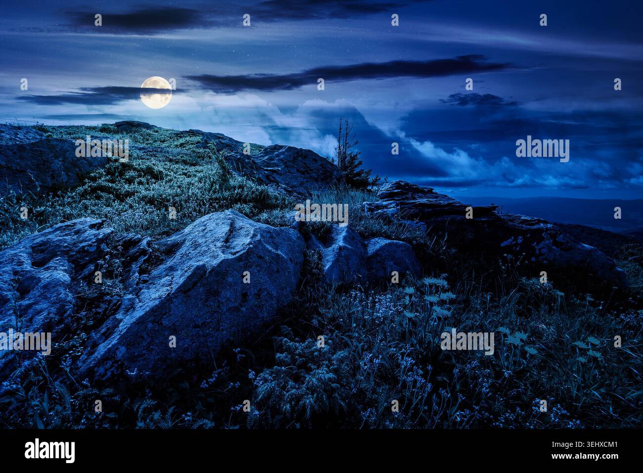 carpathian mountain summer landscape at night. full moon over alpine meadow with huge stones among the grass on top of the hillside near the peak of m Stock Photo