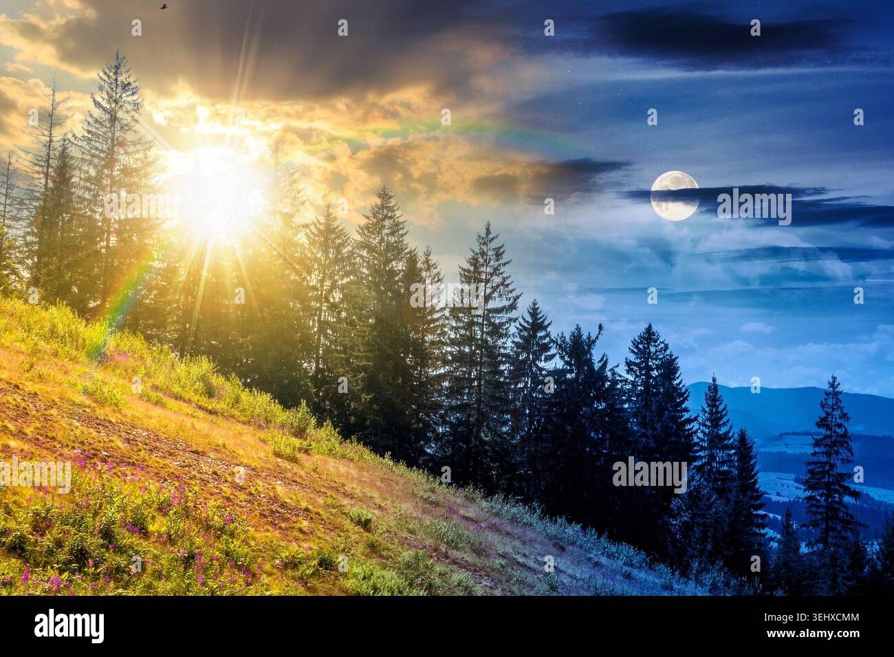 day meet night. view of a hillside of mountain range with coniferous forest and meadow. sun and moon over mountain landscape in summer at twilight. ni Stock Photo