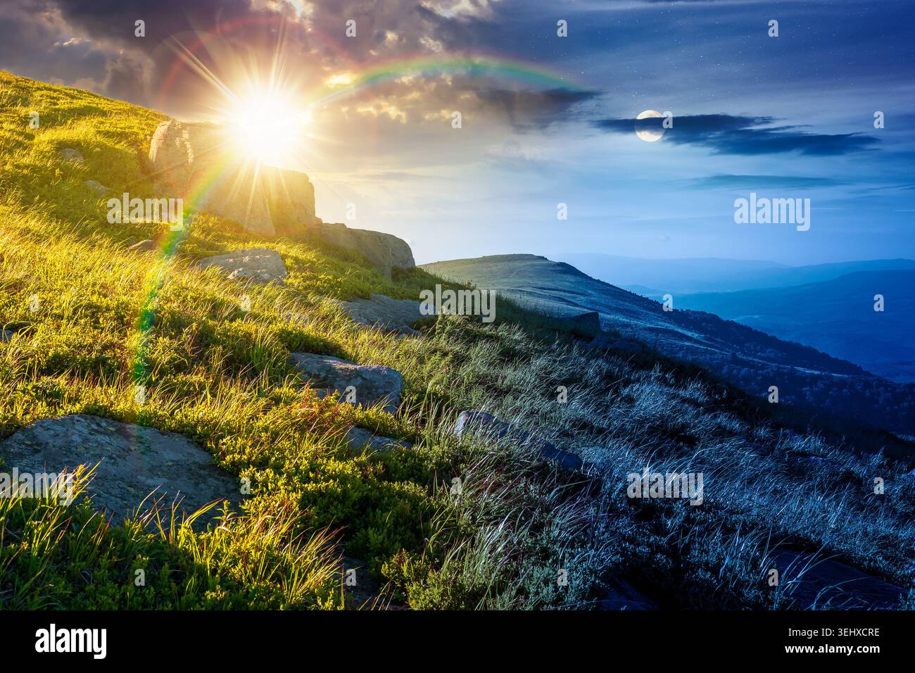 mountain landscape on summer solstice. day meet night. beautiful outdoor scenery of carpathian mountains. sun and moon over grassy slopes with rocks. Stock Photo