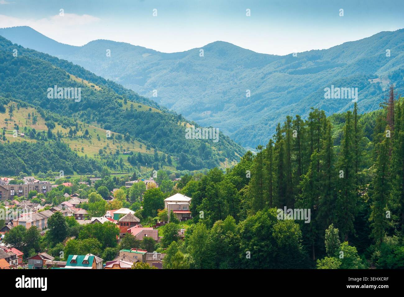 carpathian mountain landscape in summer. view in to the valley of rakhiv town near forested hill of mountain range. travel background of alpine ukrain Stock Photo