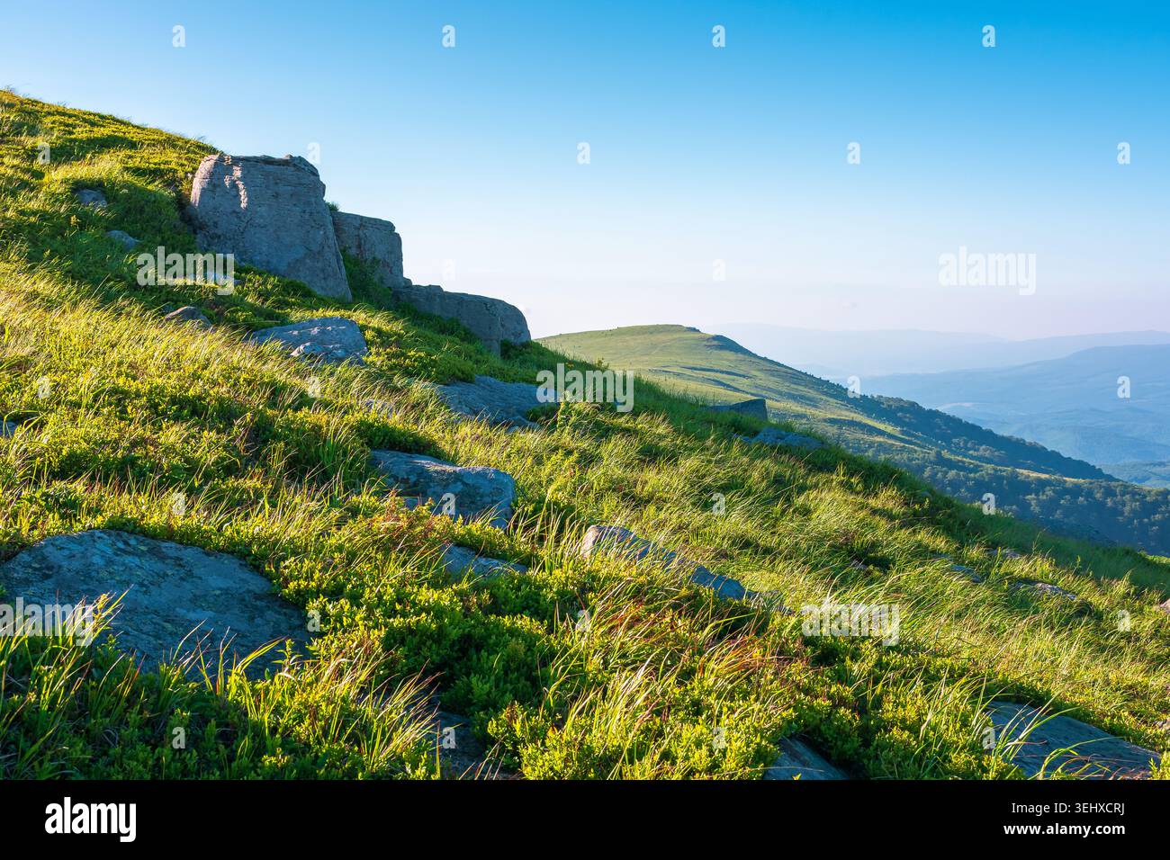 mountain landscape on a summer morning. beautiful outdoor scenery of carpathian mountains. grassy slopes with rocks. image for ukraine travel backgrou Stock Photo