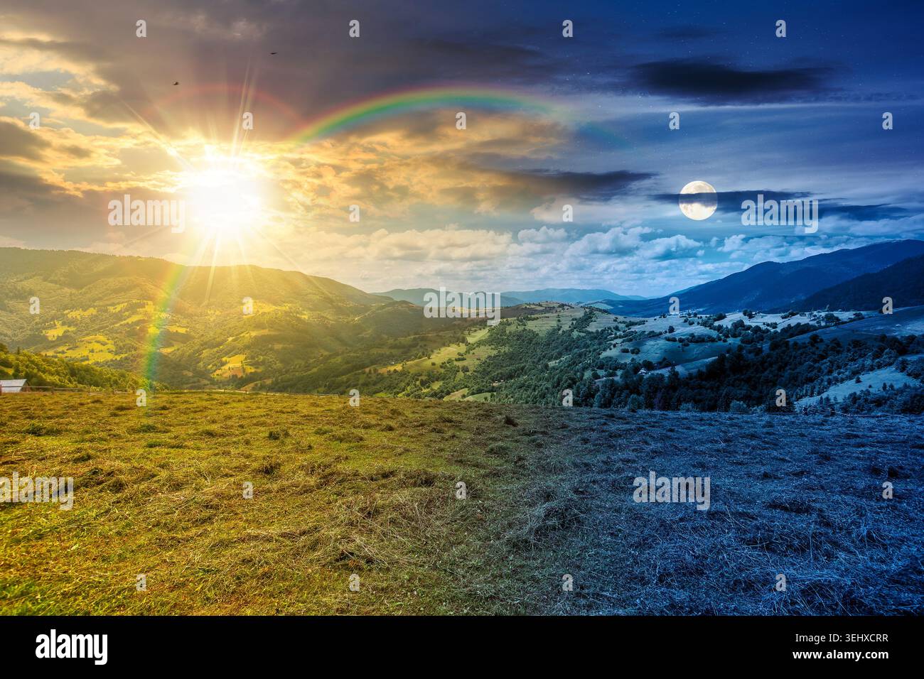 day meet night. mountain landscape with field. sun and moon in harmony over trees on the hills and rural valley beneath an epic sky in the background. Stock Photo