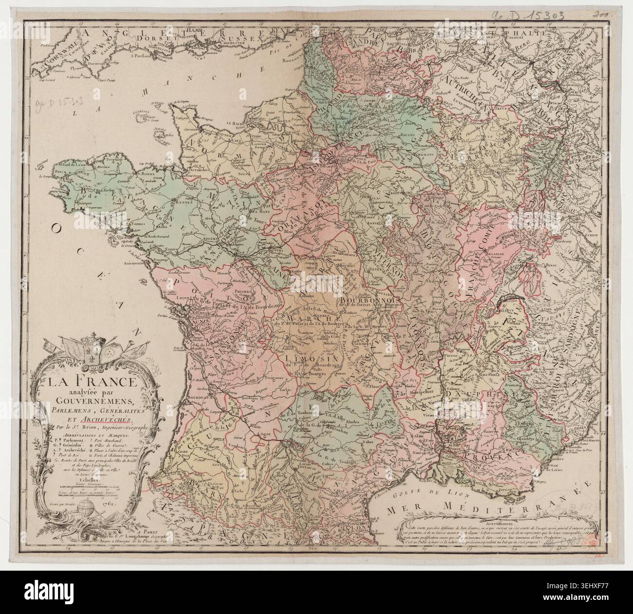 Generalities Map Engraved map of France produced by Brion de La Tour in 1762 with ...