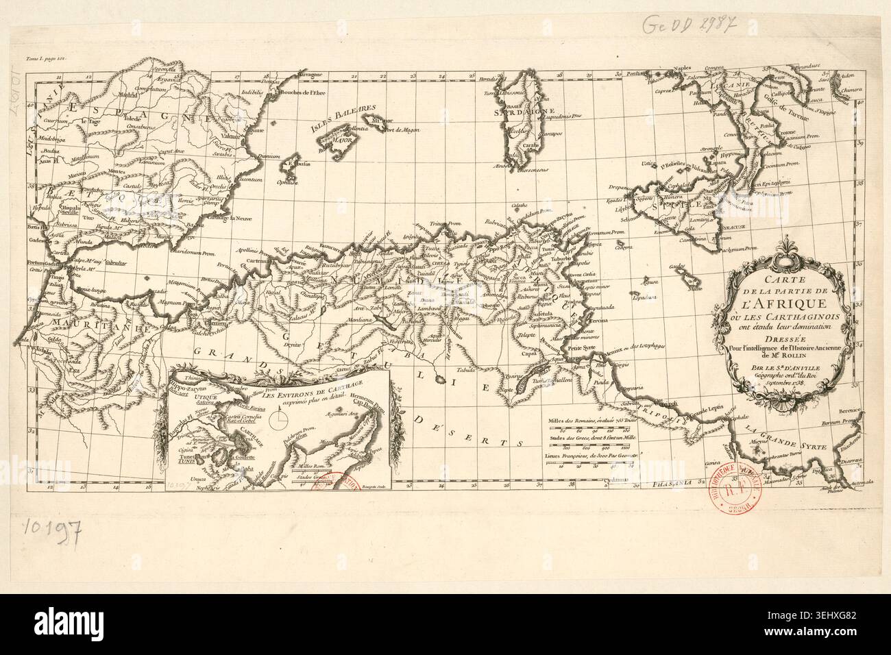 Jean-Baptiste d'Anville produced this engraved map in 1738 to accompany the ancient history writings of Rollin, tracing the territories controlled by the Carthaginians in Africa and detailing the surroundings of Carthage with classical geographical references. Stock Photo