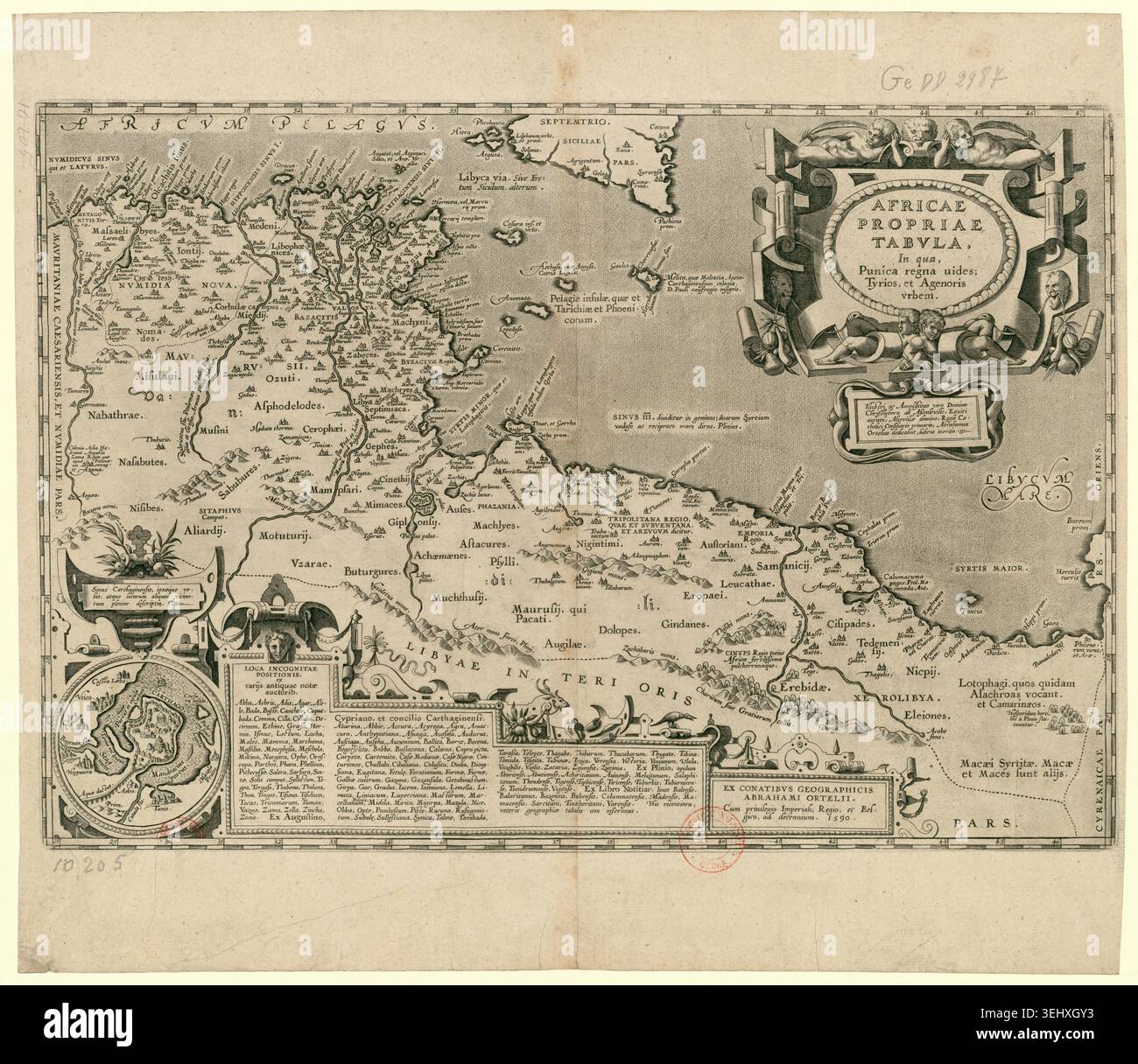 Abraham Ortelius created a 1590 engraved map of the Roman province of Africa, tracing Punic kingdoms, Carthaginian regions and the ancient city of Carthage with decorative cartouches in Latin cartography. Stock Photo
