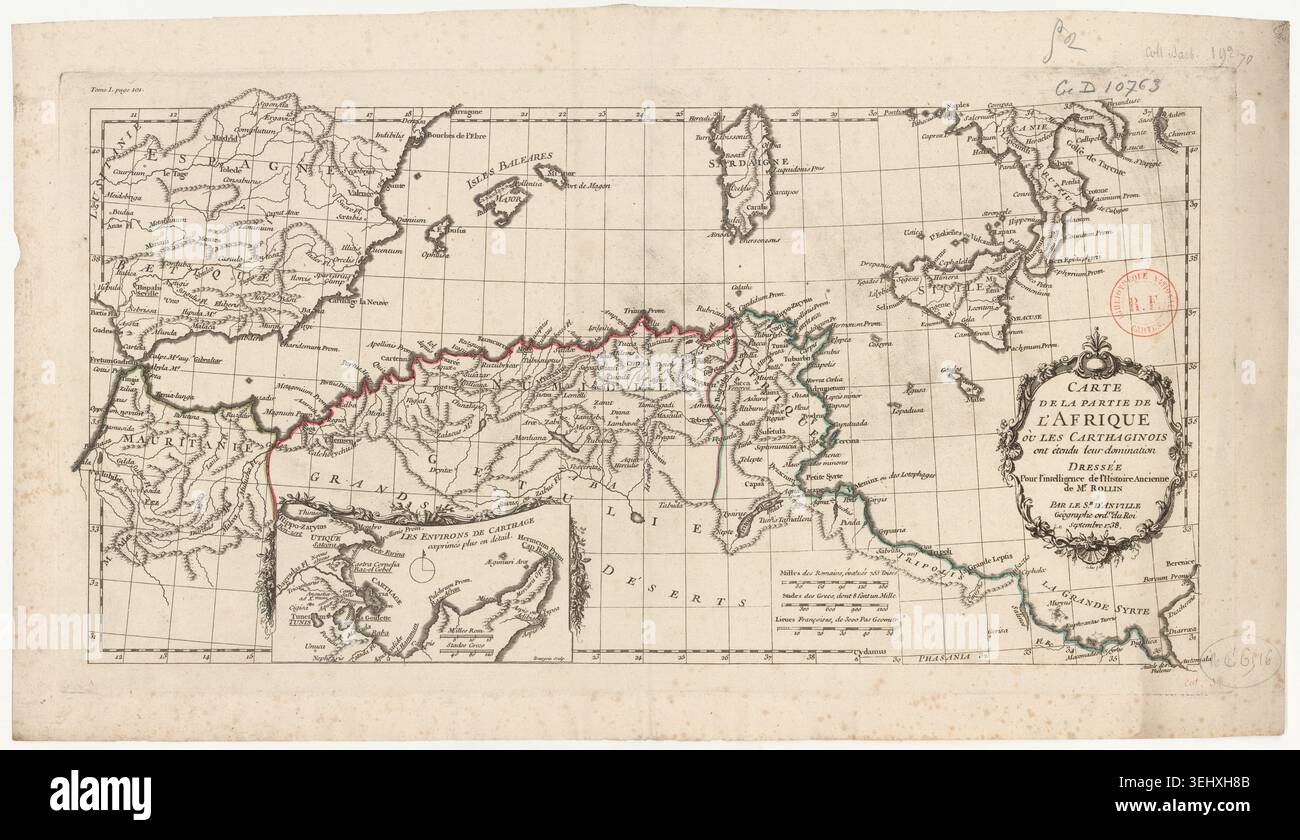 Engraved map by Anville presents regions of Africa where Carthaginian domination extended, prepared for the study of ancient history, with cartouches and geographic detail outlining Maghreb territories according to classical sources in 1738. Stock Photo