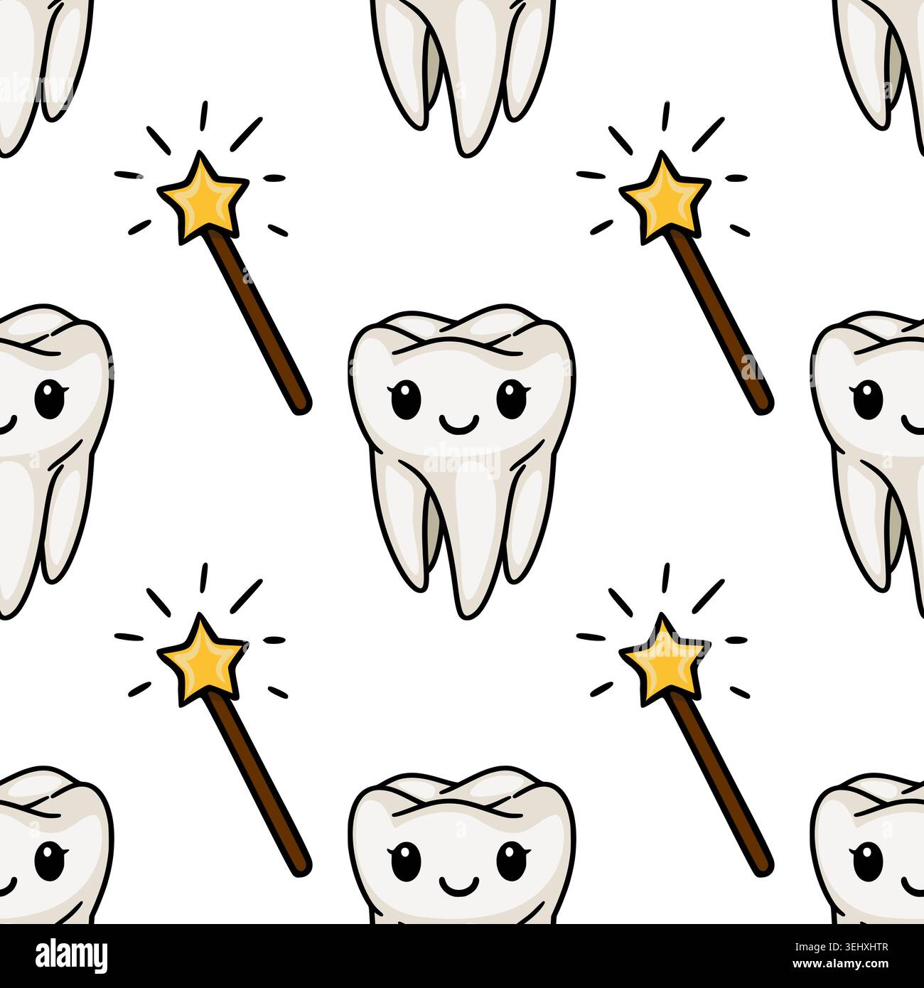Cute smiling tooth character with magic wand seamless vector pattern Stock Vector