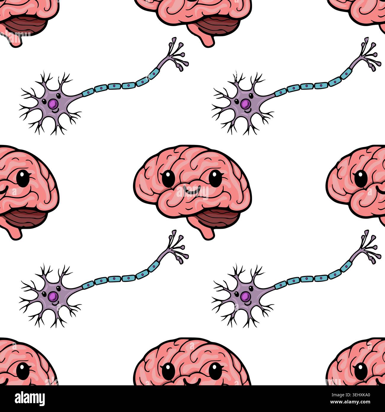 Cute cartoon brain and neuron seamless pattern vector illustration Stock Vector