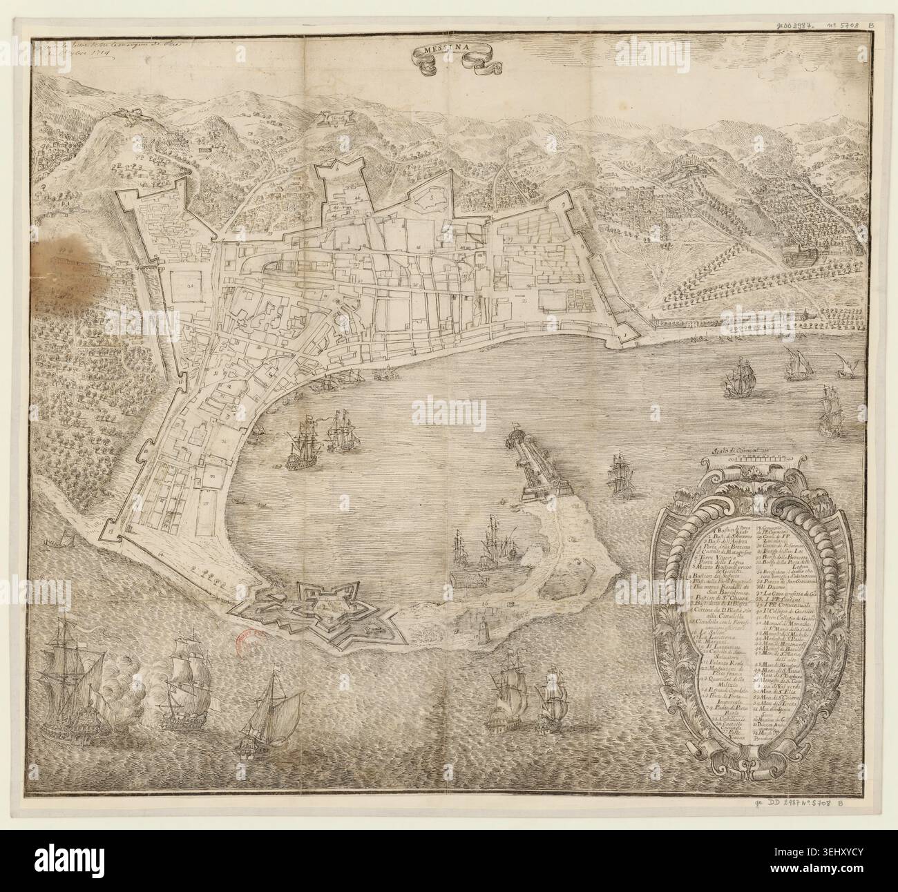 Inscription Introduction Maps Manuscript map of Messina dated 1714 presents the Sicilian city with ...