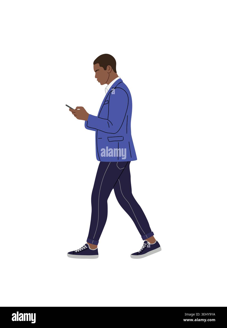 Black Man walks side view while checking phone Stock Vector