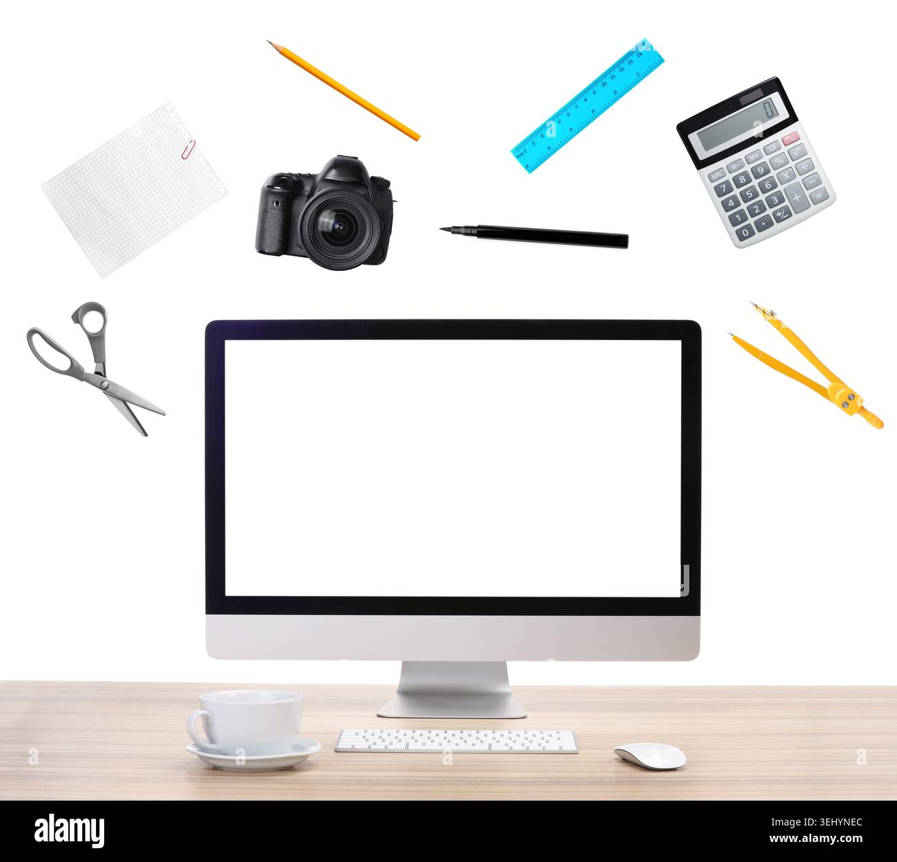 Web design tools flying around computer. Creative designer workspace Stock Photo