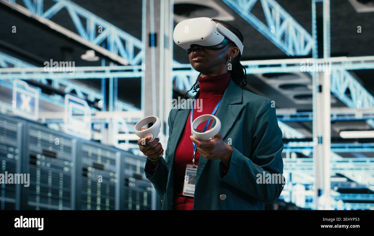 VR headset gear, AR simulation and system administrator in data center managing database storage rigs. Cloud computing, VFX visualization and worker in server room using virtual reality tech, camera B Stock Photo