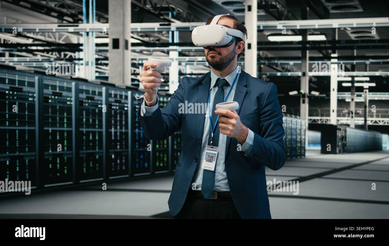 Data center computer scientist uses VR headset tech to visualize and debug system errors. Server farm worker uses virtual reality simulation to run diagnostics on wireframe mesh gear, camera A Stock Photo