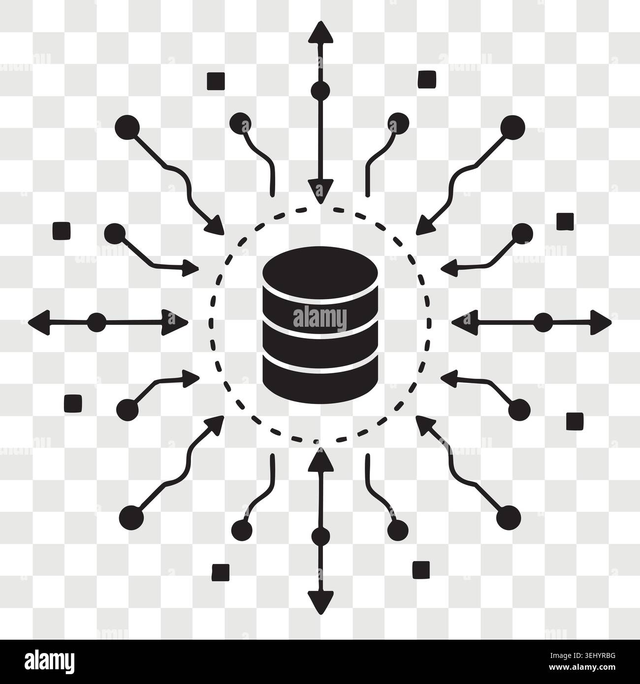 Data server connection network concept icon with database storage cylinder radiating many structural arrows Stock Vector
