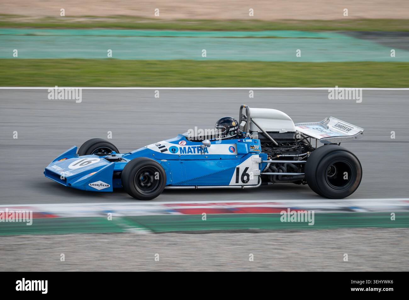 Side view of a historic Matra MS120C Formula 1 racing car in blue and ...