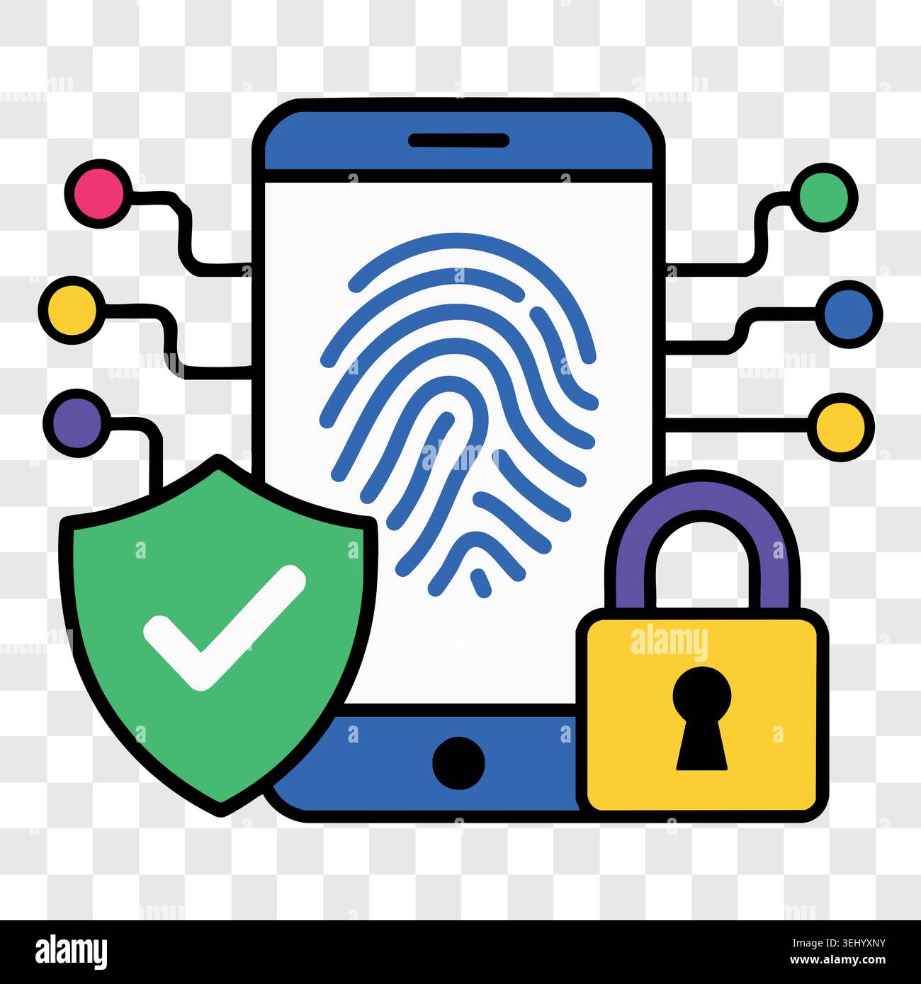 Biometric fingerprint scanning security concept icon on smartphone screen with checkmark and padlock graphics Stock Vector