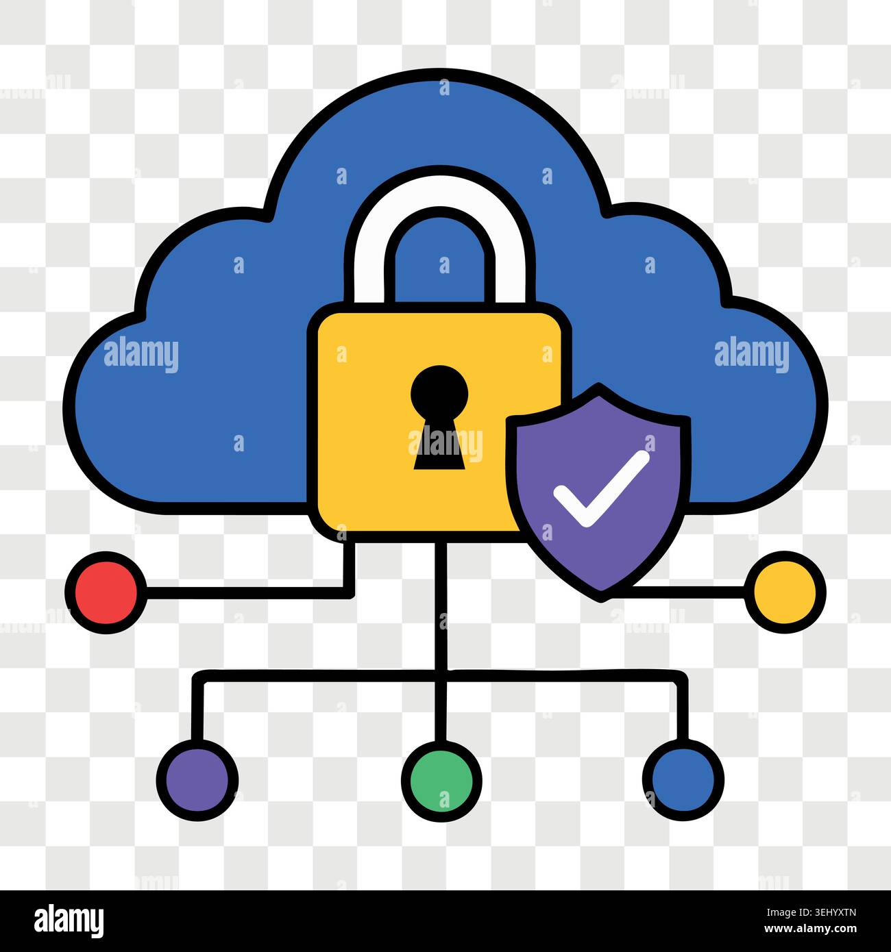 Cloud storage lock security concept icon with central cloud padlock shield and network connections Stock Vector