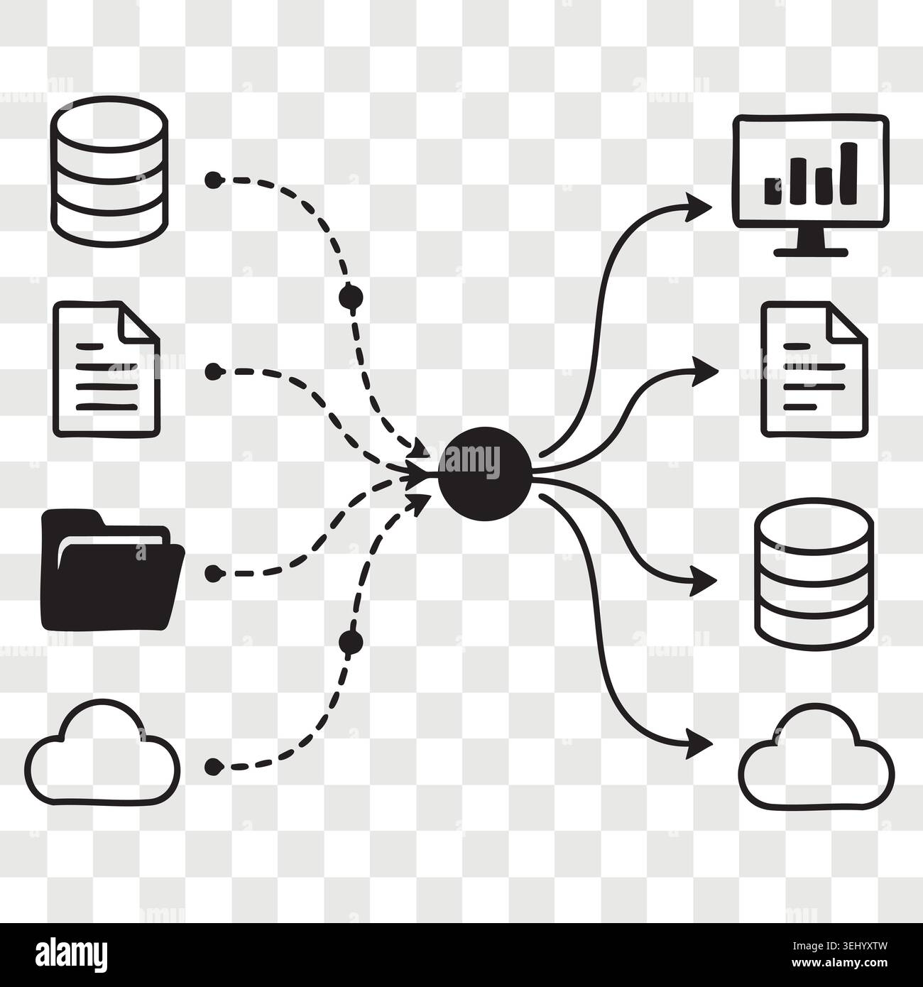 Data centralization sorting sketch with database storage network nodes cylinder and files transmission Stock Vector