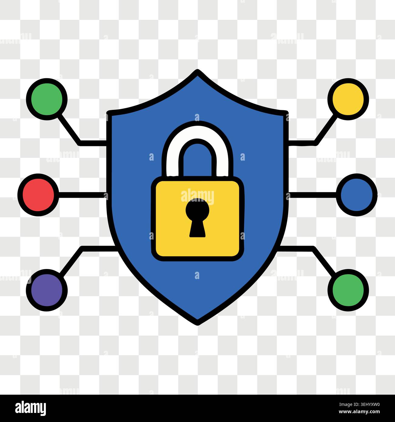 Network shield security technology icon with central padlock and digital nodes connection mesh layout Stock Vector