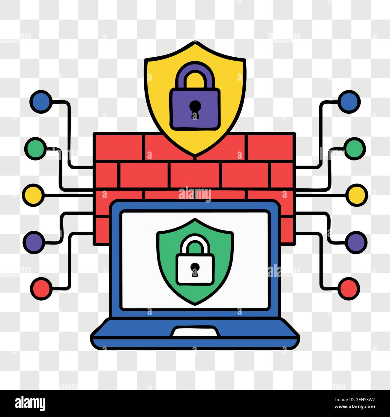 Firewall computer security concept icon with laptop brick wall padlock shield and server network Stock Vector