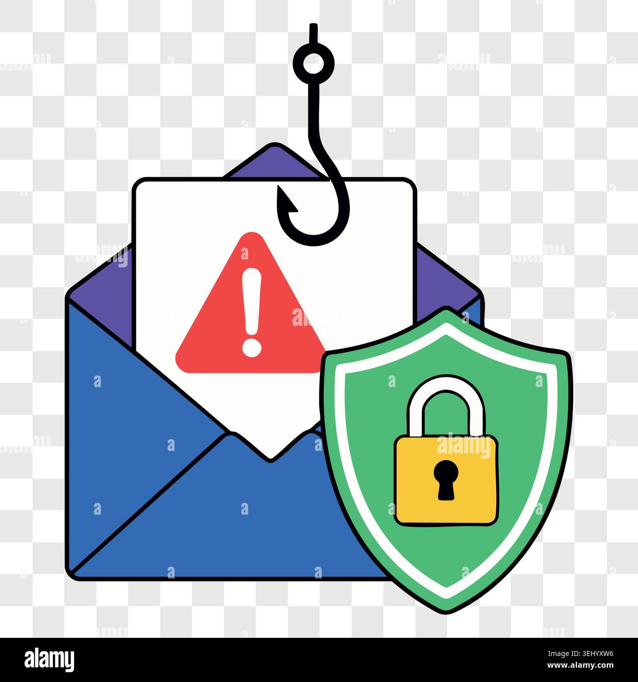 Email phishing security threat concept icon with open envelope message alert hook and protective shield Stock Vector