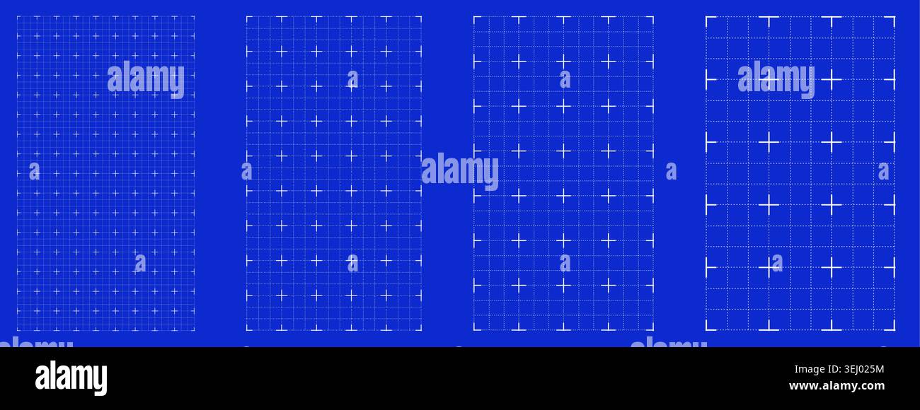 Blueprint grid set curved cross geometry, four scale variations. Wide medium dense micro spacing comparison, engineering layouts dashboards notebook pages interface planning systems technology graphic Stock Vector