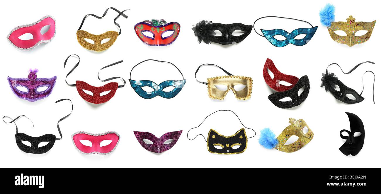 Set of different carnival masks on white background Stock Photo - Alamy