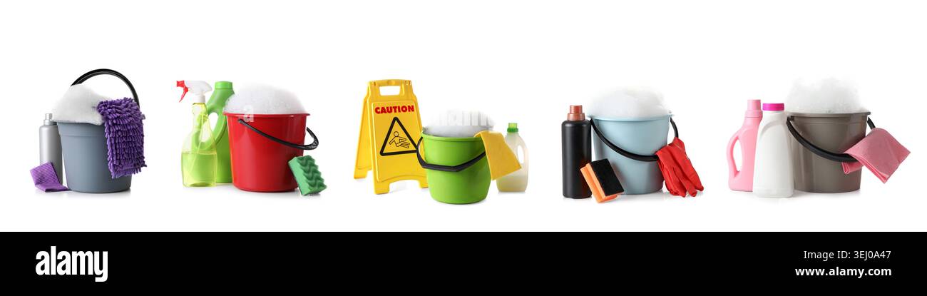 Set of buckets and cleaning supplies on white background Stock Photo ...