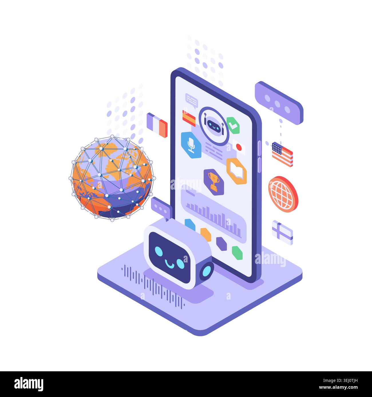 Isometric AI Language Learning App Dashboard With Chatbot Assistant. Artificial Intelligence Language Learning App Concept Stock Vector
