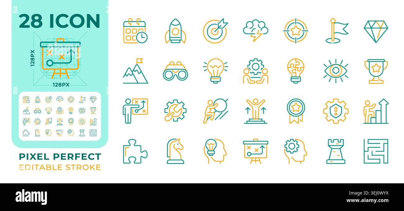 Strategy and action plan two color line icons set Stock Vector