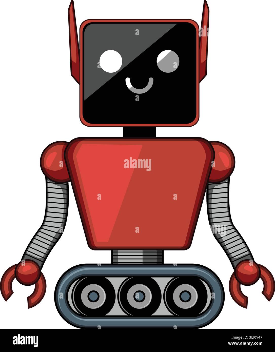 Friendly robot character on tracks smiling, artificial intelligence concept Stock Vector