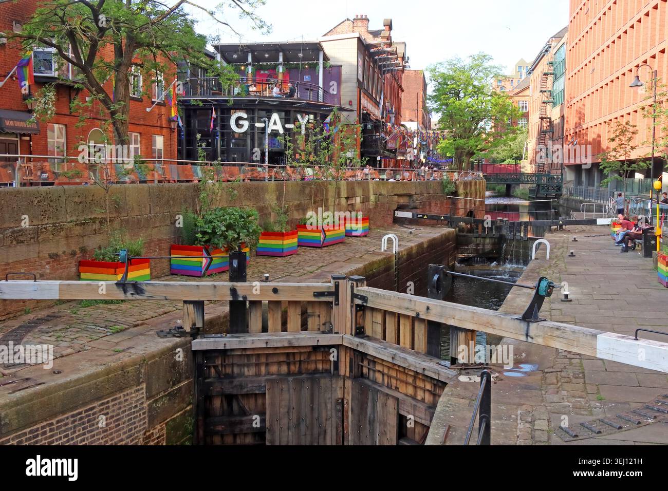 Canal lock in Manchester Gay Village beside Canal Street, Manchester, England, UK. Stock Photo