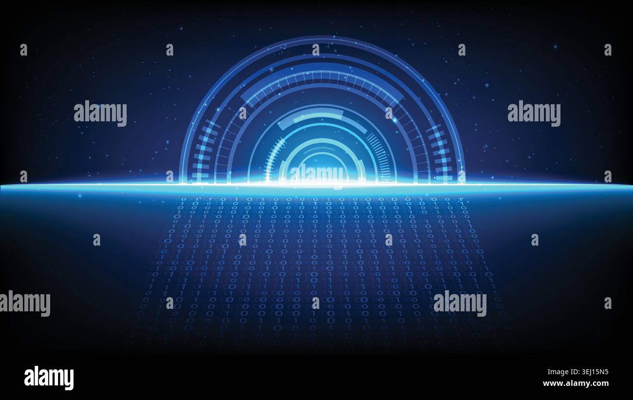 Abstract tech background featuring neon glowing radar interface, bright horizon light and binary code path Stock Vector
