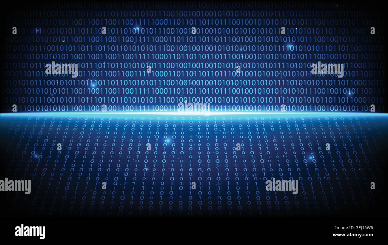 Abstract digital technology background featuring a bright neon horizon light line and binary code grid Stock Vector