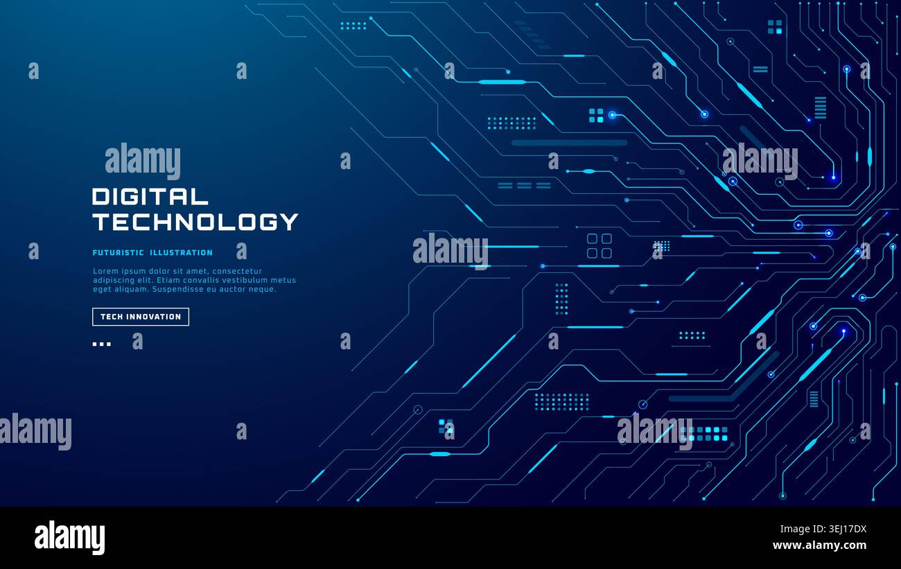 Blue circuit board background with digital lines and chip patterns. Stock Vector