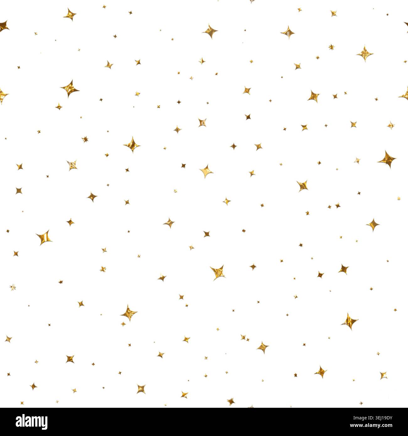 Abstract golden stars sparkles seamless pattern drawing luxury celebration wallpaper on white background front view Stock Photo