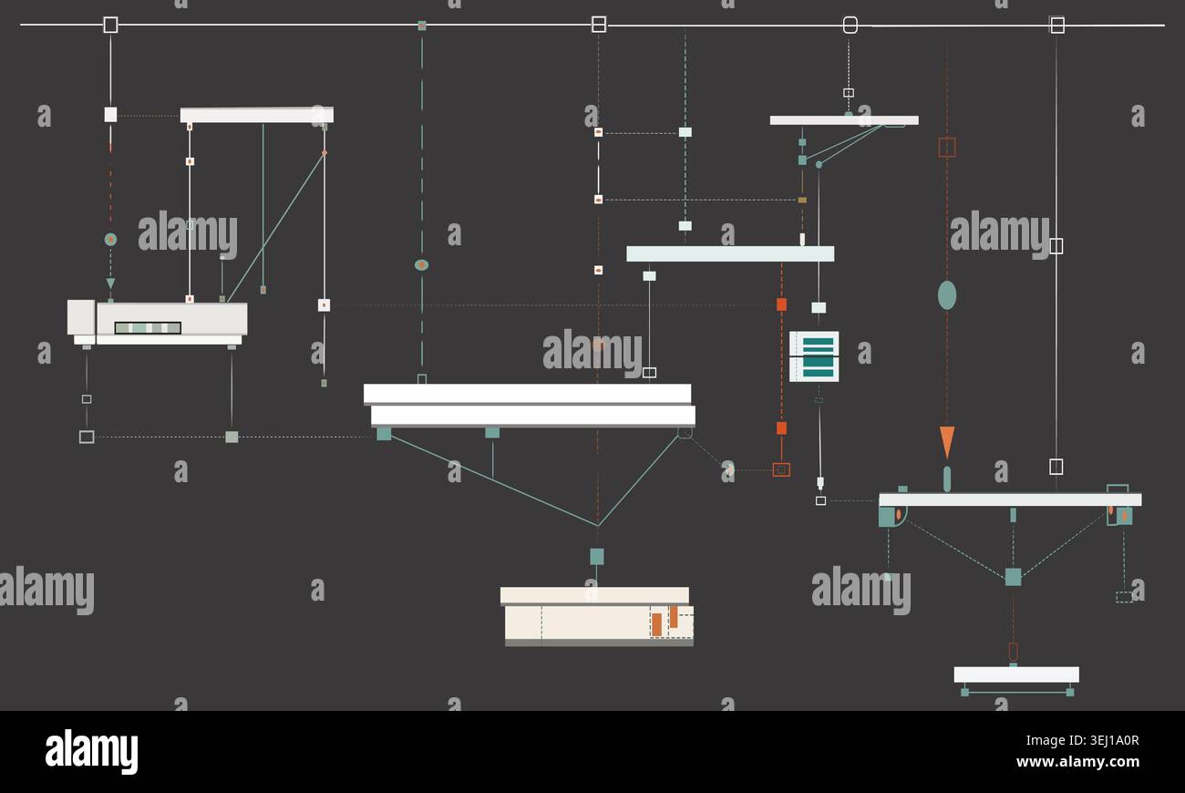 Abstract operational system vector with suspended modular structures, intelligent data flow, and conceptual technology network design. Stock Vector