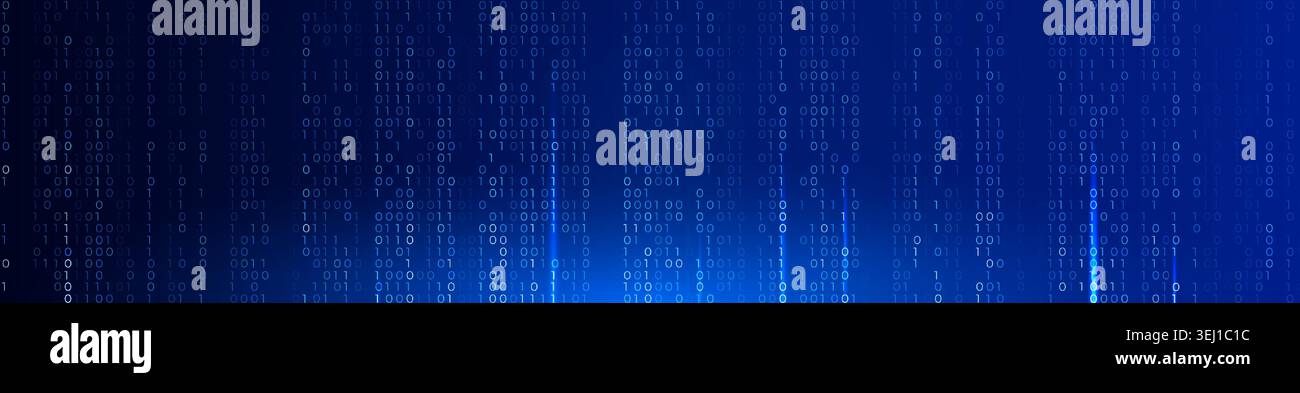 Blue Binary Code Background Glowing Digital Data Stream for AI Coding, Data Encryption, Cybersecurity, Software Engineering, Cloud Code Computing Stock Vector