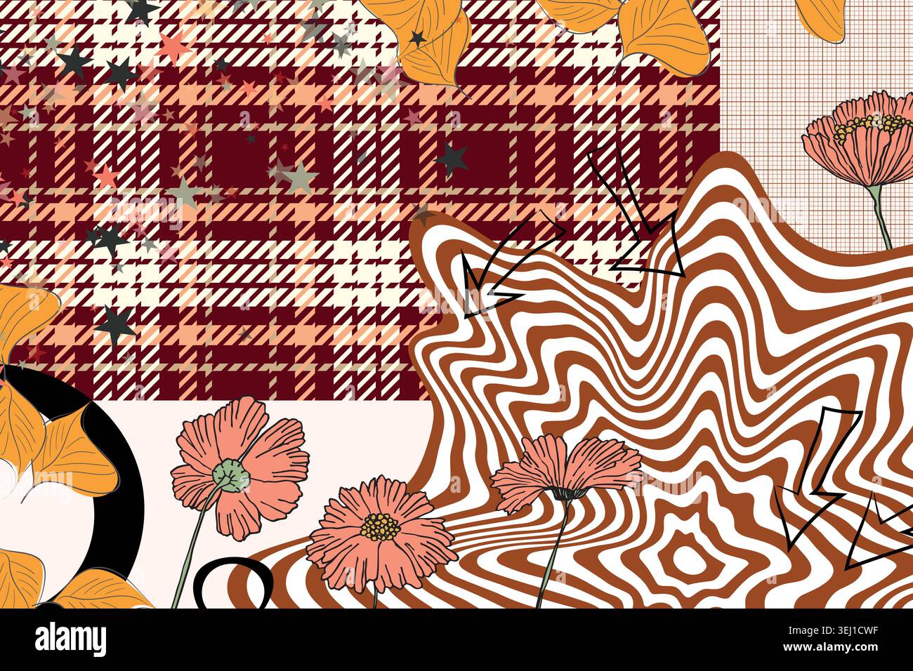Abstract Y2K background in 2000s style. Collage of mismatched elemets with geometric shapes, stars, floral elements, grid paper. Dynamic effect grunge Stock Vector