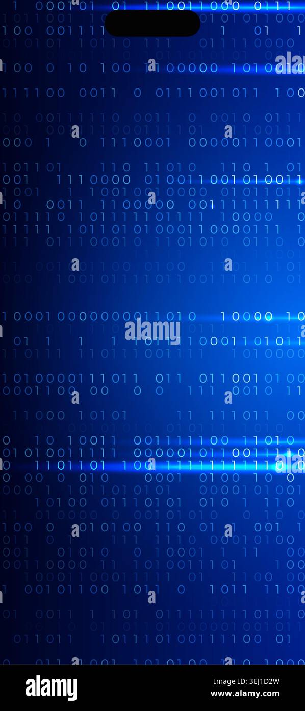 Binary code digital technology background with glowing blue data streams. Cybersecurity, big data, programming, tech networks concept for phone Stock Vector