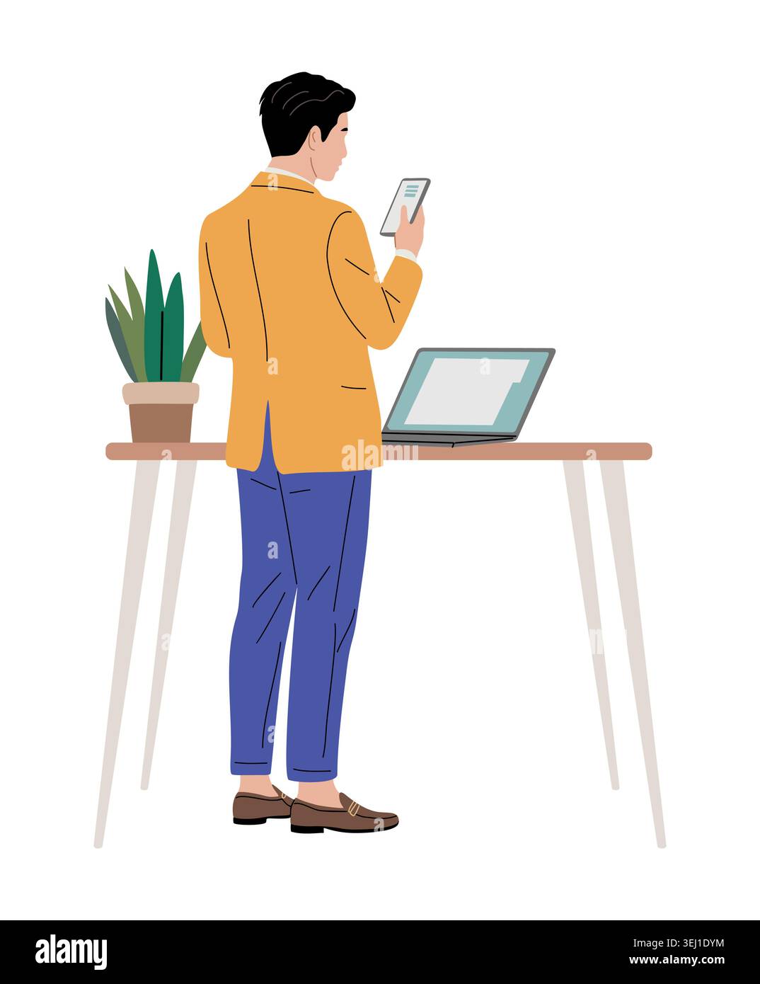 Man stands at desk with laptop, holding phone Stock Vector