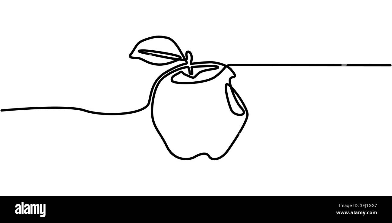 Continuous Line Drawing of a Single Bitten Apple with Leaf Stock Vector