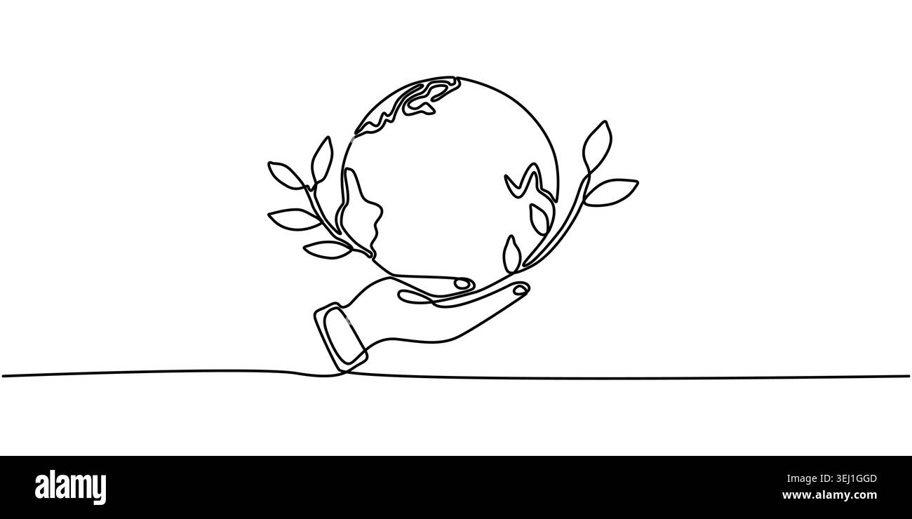 Environmental Stewardship: Continuous Line Hand Holding Earth Stock Vector